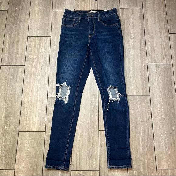 Levis 721 High Rise Skinny Womens Dark Wash Distressed Denim Jeans Size 28 - Picture 1 of 7
